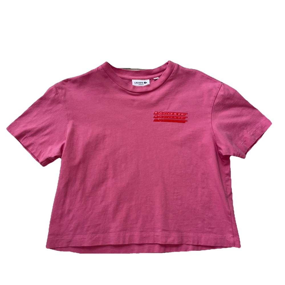 Lacoste Womens 34 Pink Y2K Loose Fit Cotton Cropped T-Shirt Minimalist Logo Soft